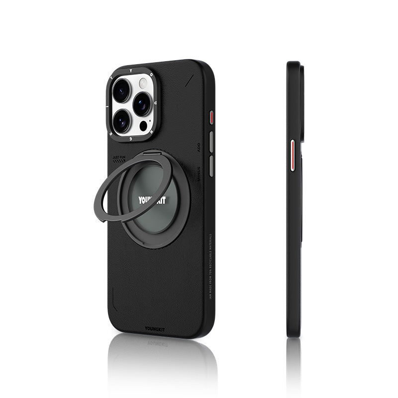 Youngkit Tech Leather Serisi iPhone 15 Pro Max Kılıf M-safe Şarj Özellikli 360° Standlı Basit Mat Deri Desenli Kılıf