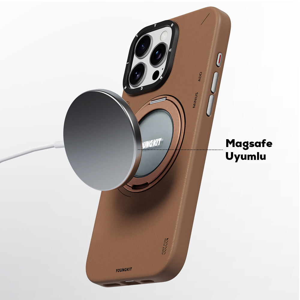Youngkit Tech Leather Serisi iPhone 15 Pro Max Kılıf M-safe Şarj Özellikli 360° Standlı Basit Mat Deri Desenli Kılıf