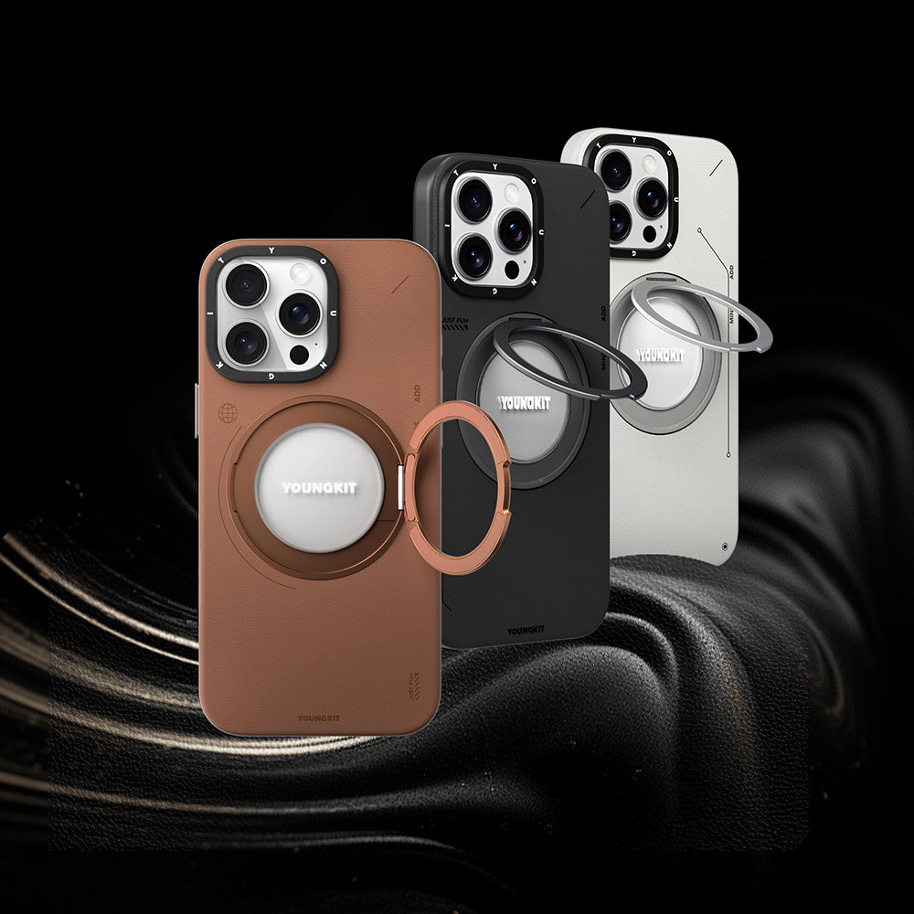 Youngkit Tech Leather Serisi iPhone 15 Pro Max Kılıf M-safe Şarj Özellikli 360° Standlı Basit Mat Deri Desenli Kılıf