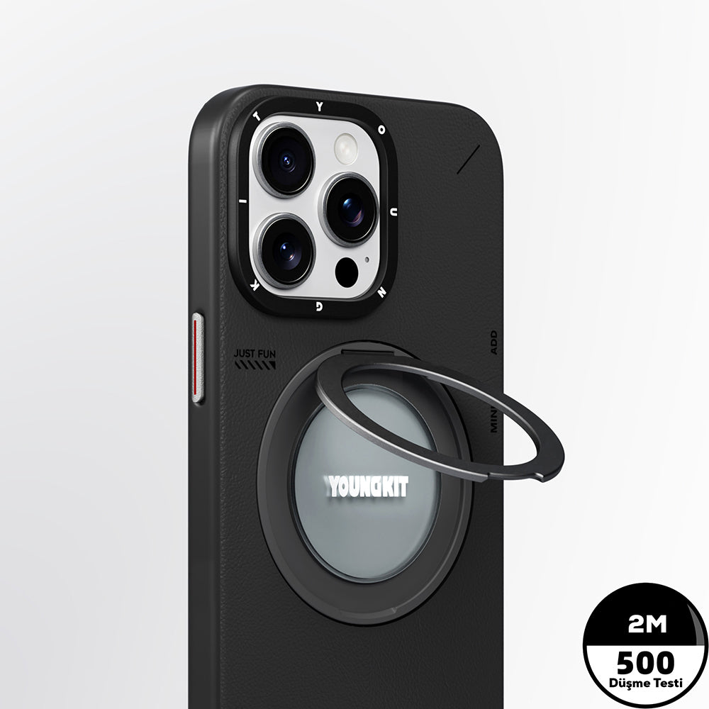 Youngkit Tech Leather Serisi iPhone 15 Pro Max Kılıf M-safe Şarj Özellikli 360° Standlı Basit Mat Deri Desenli Kılıf