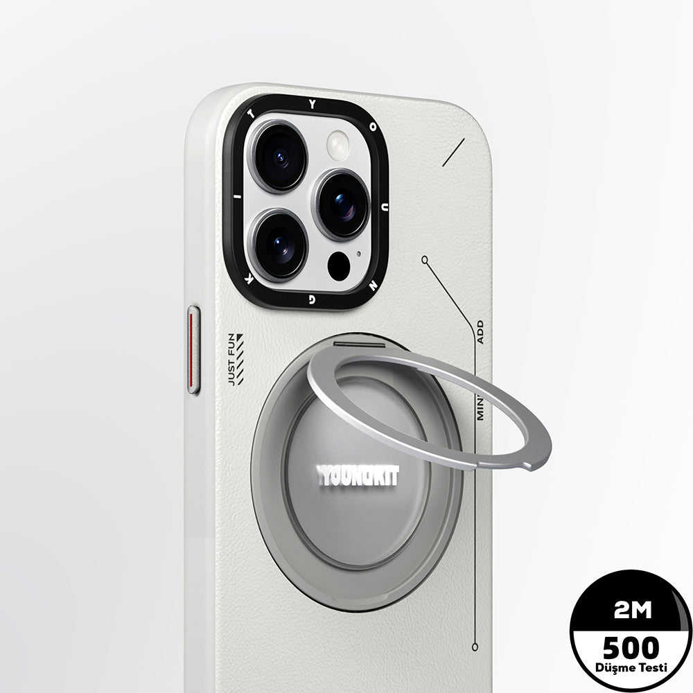 Youngkit Tech Leather Serisi iPhone 15 Pro Max Kılıf M-safe Şarj Özellikli 360° Standlı Basit Mat Deri Desenli Kılıf