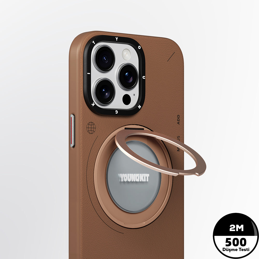 Youngkit Tech Leather Serisi iPhone 15 Pro Max Kılıf M-safe Şarj Özellikli 360° Standlı Basit Mat Deri Desenli Kılıf