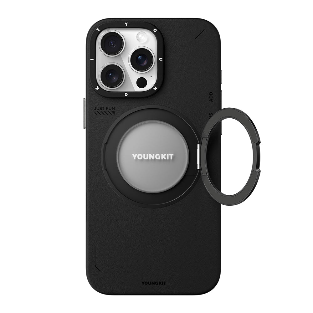 Youngkit Tech Leather Serisi iPhone 15 Pro Max Kılıf M-safe Şarj Özellikli 360° Standlı Basit Mat Deri Desenli Kılıf