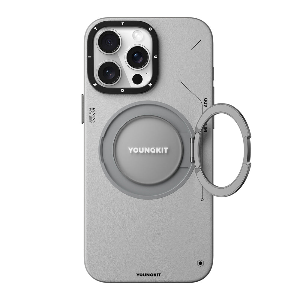 Youngkit Tech Leather Serisi iPhone 15 Pro Max Kılıf M-safe Şarj Özellikli 360° Standlı Basit Mat Deri Desenli Kılıf
