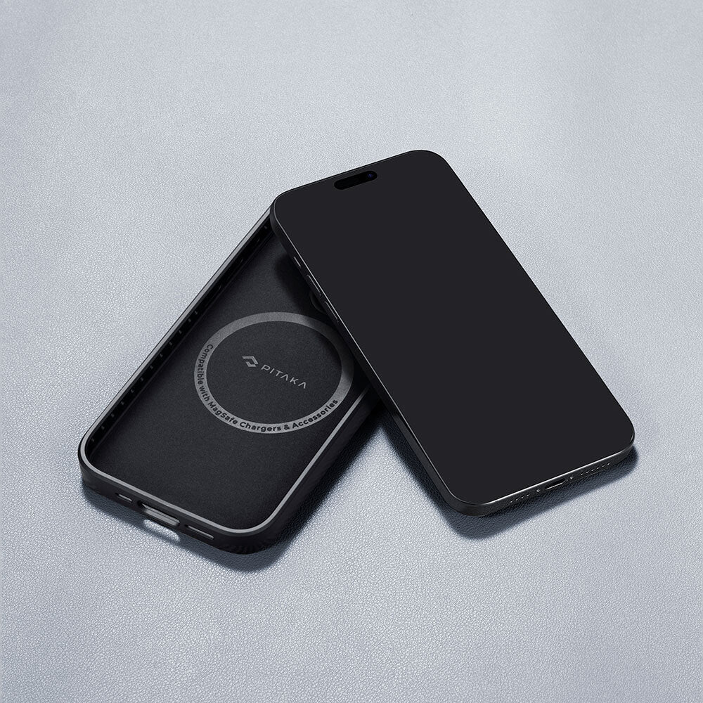 Pitaka Military-Grade Classic Serisi iPhone 15 Pro Max Kılıf M-safe Şarj Özellikli 600D Aramid Fiber Black-Grey Twill Kılıf