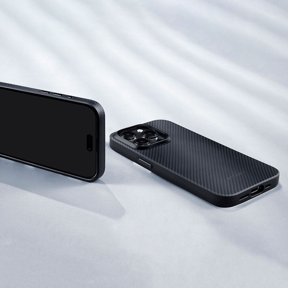 Pitaka Military-Grade Classic Serisi iPhone 15 Pro Max Kılıf M-safe Şarj Özellikli 600D Aramid Fiber Black-Grey Twill Kılıf