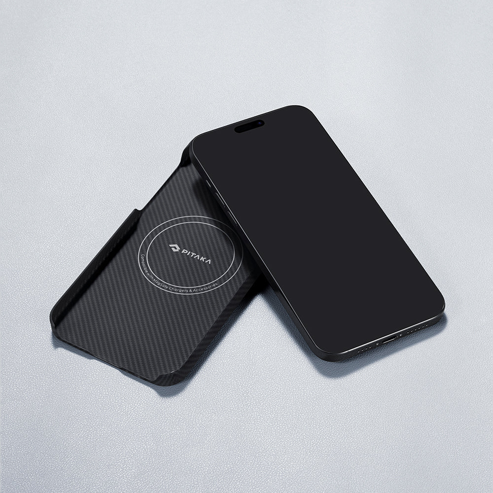 Pitaka Ultra-Slim Classic Serisi iPhone 15 Pro Max M-safe Şarj Özellikli 600D Aramid Fiber Black-Grey Twill Kılıf