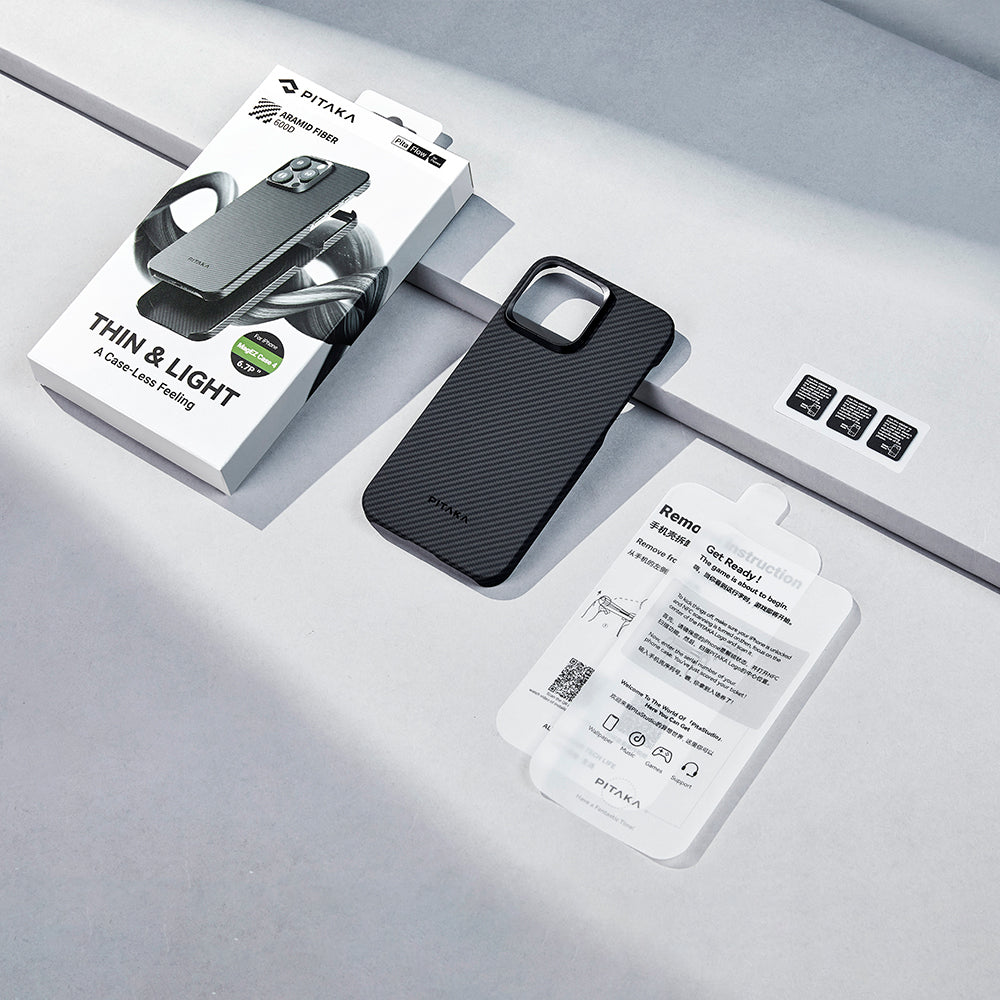 Pitaka Ultra-Slim Classic Serisi iPhone 15 Pro Max M-safe Şarj Özellikli 600D Aramid Fiber Black-Grey Twill Kılıf