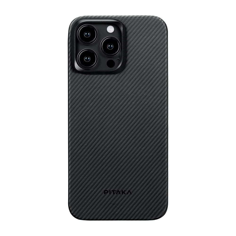 Pitaka Ultra-Slim Classic Serisi iPhone 15 Pro Max M-safe Şarj Özellikli 600D Aramid Fiber Black-Grey Twill Kılıf
