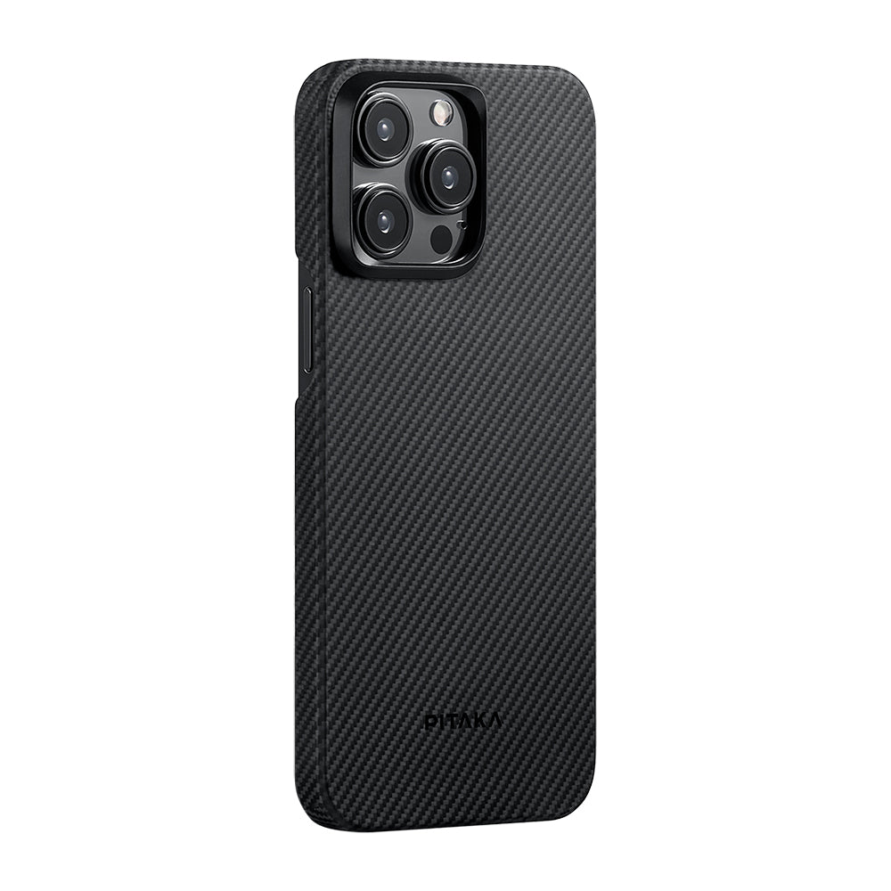 Pitaka Ultra-Slim Classic Serisi iPhone 15 Pro Max M-safe Şarj Özellikli 600D Aramid Fiber Black-Grey Twill Kılıf