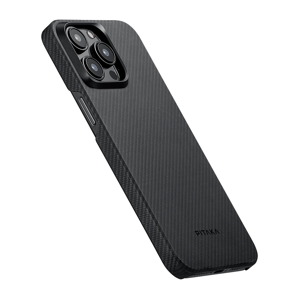 Pitaka Ultra-Slim Classic Serisi iPhone 15 Pro Max M-safe Şarj Özellikli 600D Aramid Fiber Black-Grey Twill Kılıf