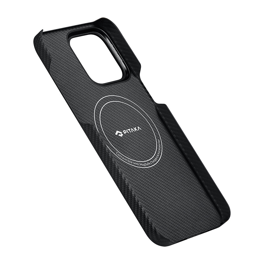 Pitaka Ultra-Slim Classic Serisi iPhone 15 Pro Max M-safe Şarj Özellikli 600D Aramid Fiber Black-Grey Twill Kılıf