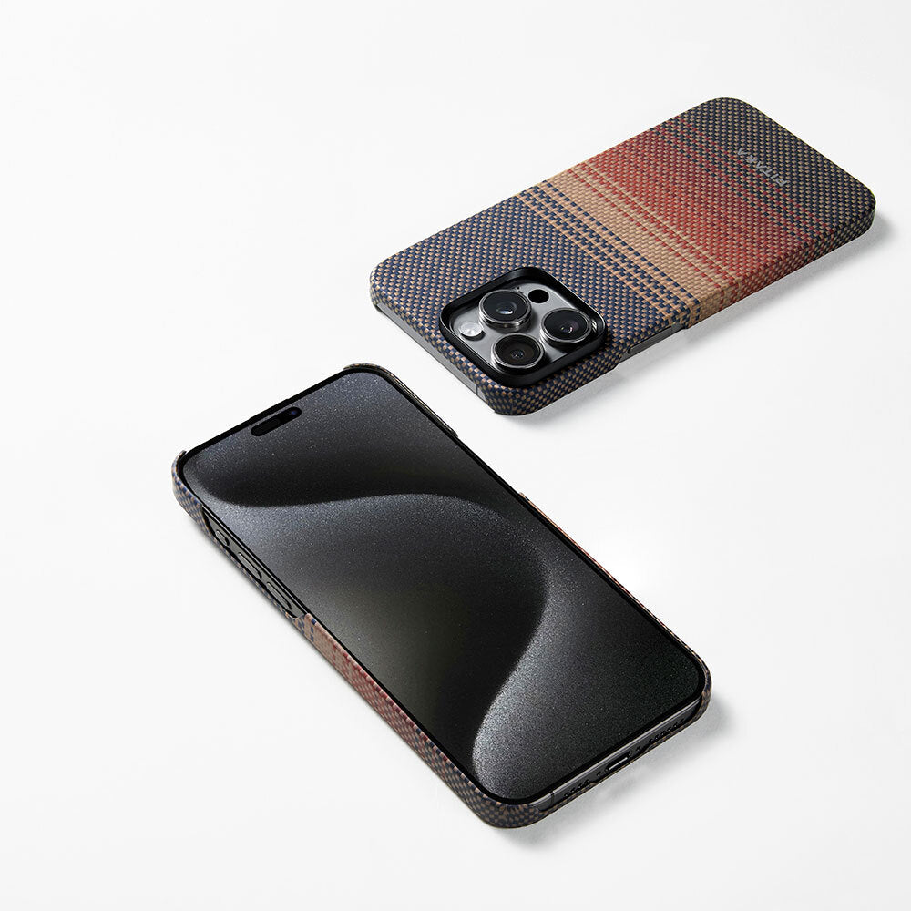 Pitaka Tactile Woven Sunset-Moonrise Serisi iPhone 15 Pro Max M-safe Şarj Özellikli Aramid Fiber Sunset Kılıf