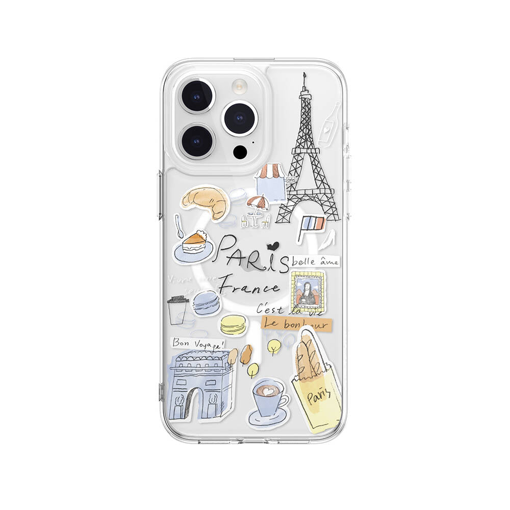 Switcheasy City-M Paris iPhone 15 Pro Max M-safe Şarj Özellikli Çizim Desenli Şok Önleyicili Şeffaf Lisanslı Kılıf