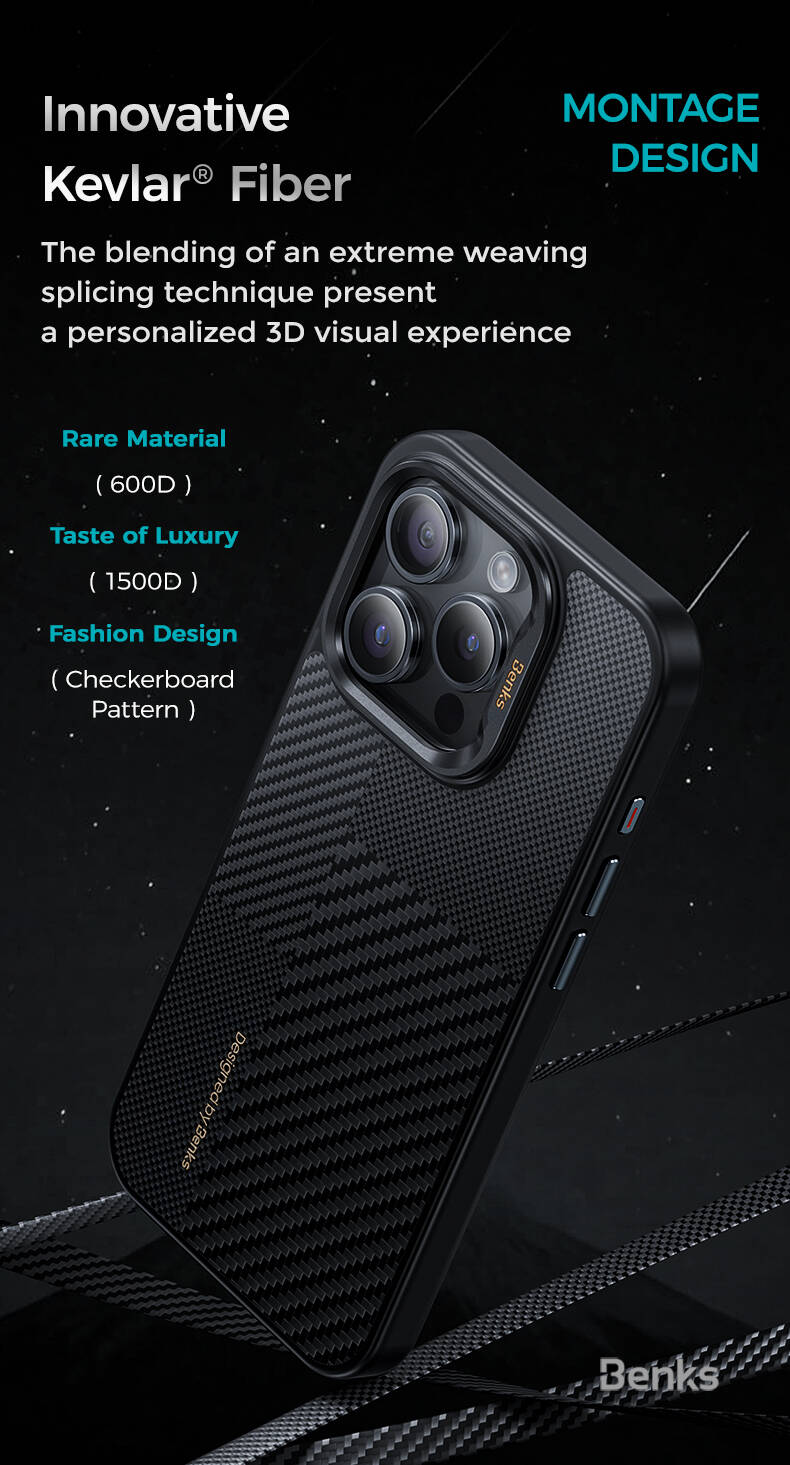 Benks Montage Hybrid ArmorPro iPhone 15 Pro Max M-safe Karbon Fiber Kevlar Kılıf