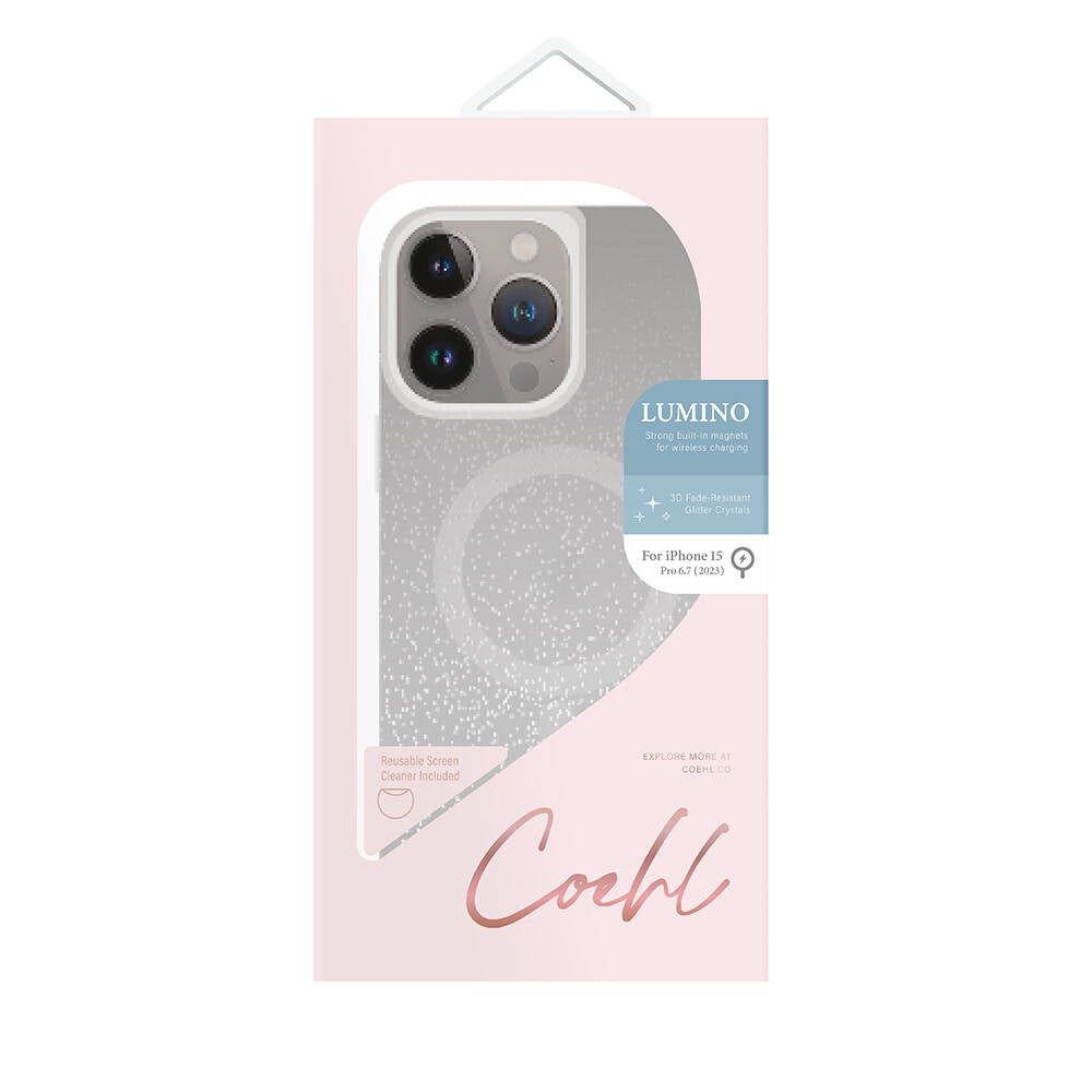 Coehl Lumino iPhone 15 Pro Max M-safe Şarj Özellikli Simli Arka Yüzey Telefon Kılıfı