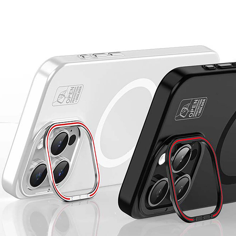 Recci Glaze Serisi iPhone 15 Pro Max M-safe Şarj Özellikli Standlı Metal Kamera Çerçeveli Mat Kılıf