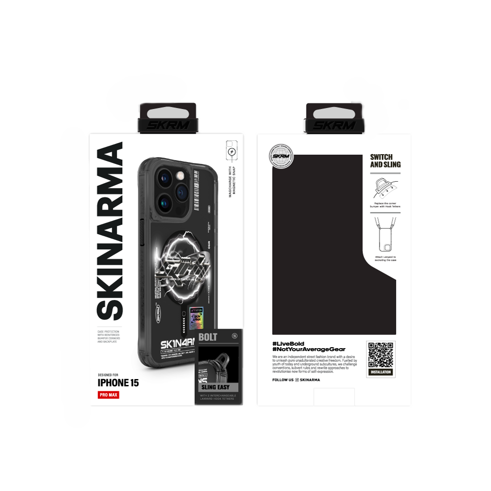 SkinArma Bolt iPhone 15 Pro Max M-safe Şarj Özellikli Yazı Desenli Kılıf