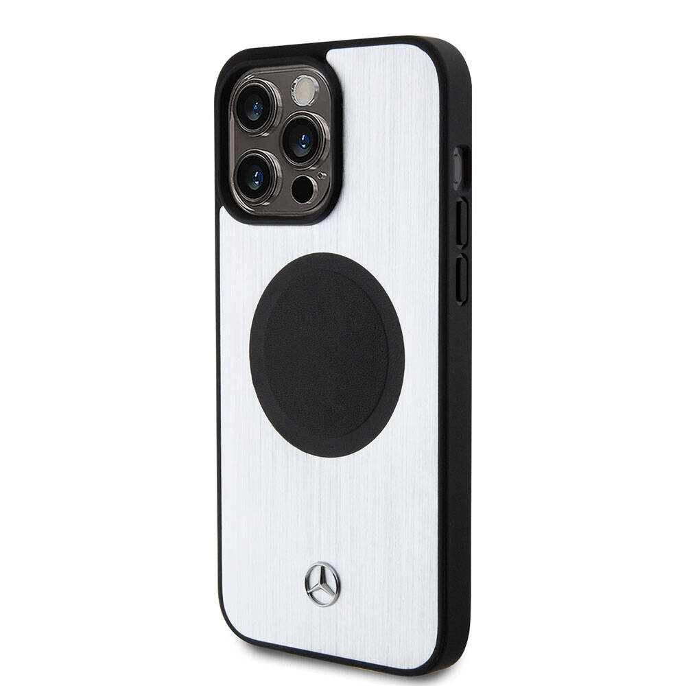 Mercedes Benz iPhone 15 Pro Max Orjinal Lisanslı M-safe Şarj Özellikli Alüminyum Arka Yüzey Metal Yıldız Logolu Kılıf