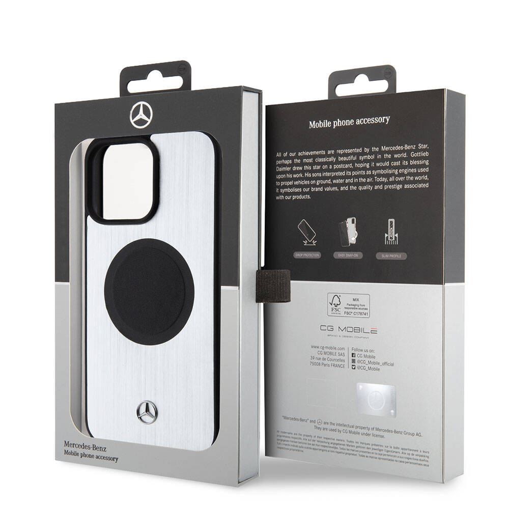 Mercedes Benz iPhone 15 Pro Max Orjinal Lisanslı M-safe Şarj Özellikli Alüminyum Arka Yüzey Metal Yıldız Logolu Kılıf