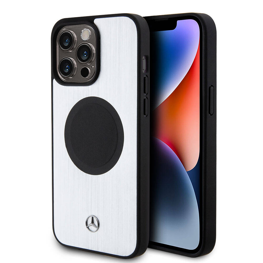 Mercedes Benz iPhone 15 Pro Max Orjinal Lisanslı M-safe Şarj Özellikli Alüminyum Arka Yüzey Metal Yıldız Logolu Kılıf