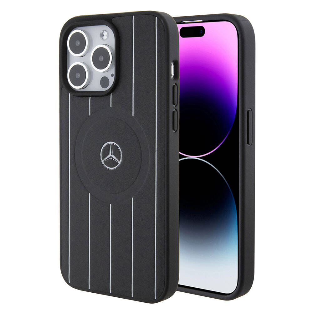 Mercedes Benz iPhone 15 Pro Max Orjinal Lisanslı M-safe Şarj Özellikli Baskı Logolu Paralel Çizgi Desenli Deri Kılıf
