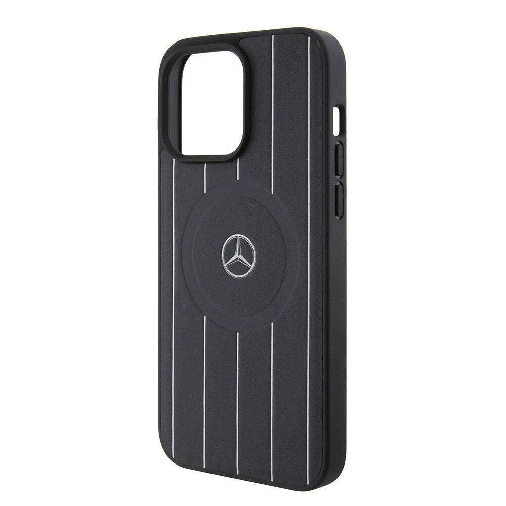 Mercedes Benz iPhone 15 Pro Max Orjinal Lisanslı M-safe Şarj Özellikli Baskı Logolu Paralel Çizgi Desenli Deri Kılıf