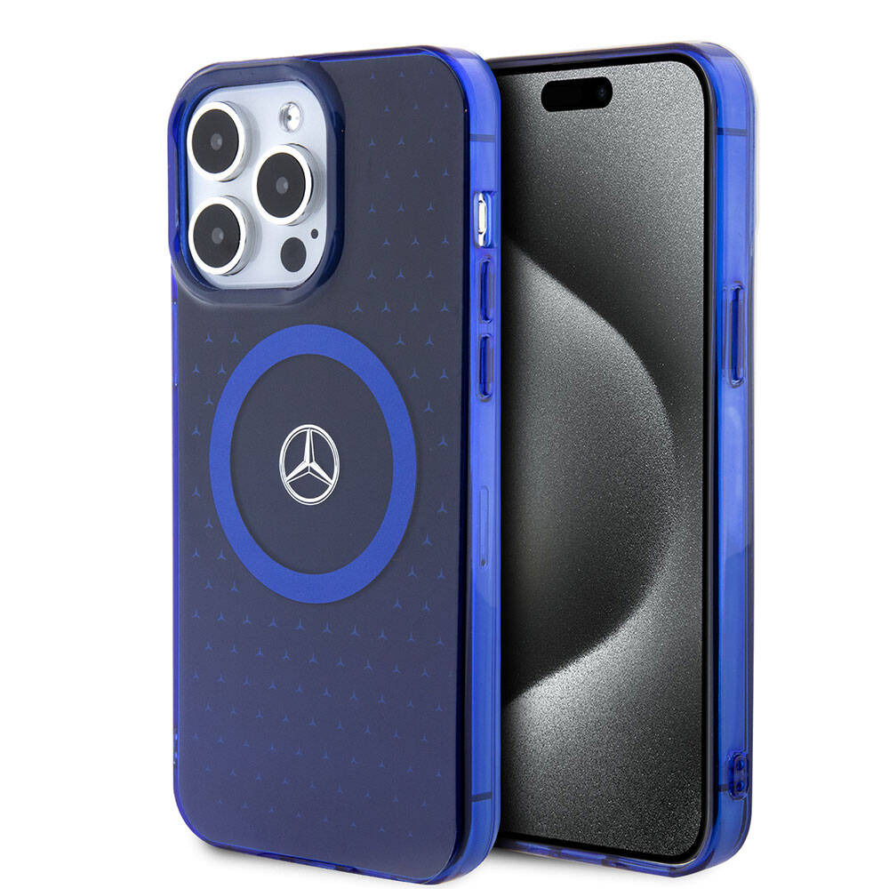 Mercedes Benz iPhone 15 Pro Max Orjinal Lisanslı M-safe Şarj Özellikli Çift Katmanlı Mavi Yıldız Desenli Kılıf