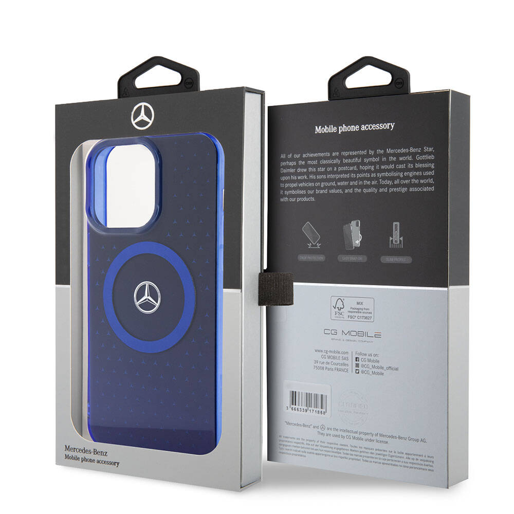 Mercedes Benz iPhone 15 Pro Max Orjinal Lisanslı M-safe Şarj Özellikli Çift Katmanlı Mavi Yıldız Desenli Kılıf