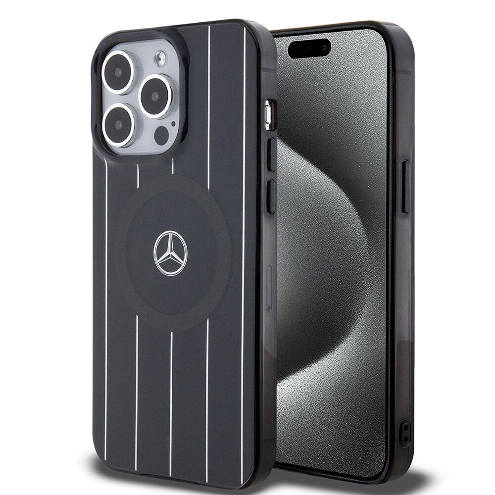 Mercedes Benz iPhone 15 Pro Max Orjinal Lisanslı M-safe Şarj Özellikli Çift Katmanlı Paralel Çizgi Desenli Kılıf