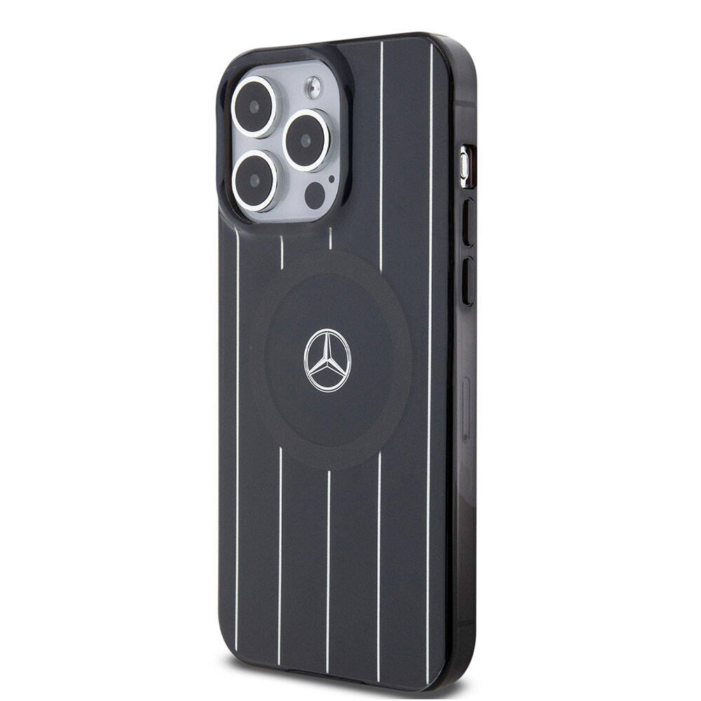 Mercedes Benz iPhone 15 Pro Max Orjinal Lisanslı M-safe Şarj Özellikli Çift Katmanlı Paralel Çizgi Desenli Kılıf