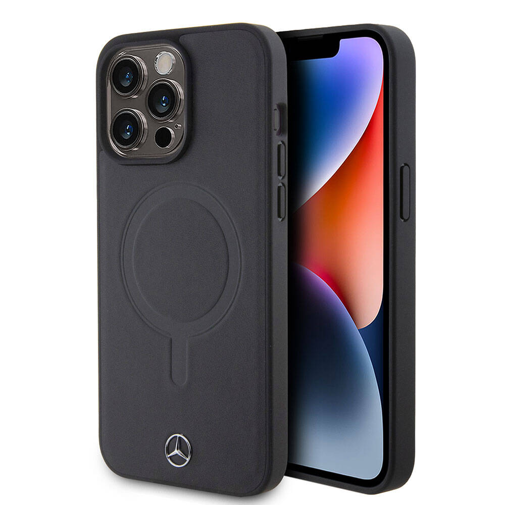 Mercedes Benz iPhone 15 Pro Max Orjinal Lisanslı M-safe Şarj Özellikli Metal Yıldız Logolu Pürüzsüz Deri Kılıf