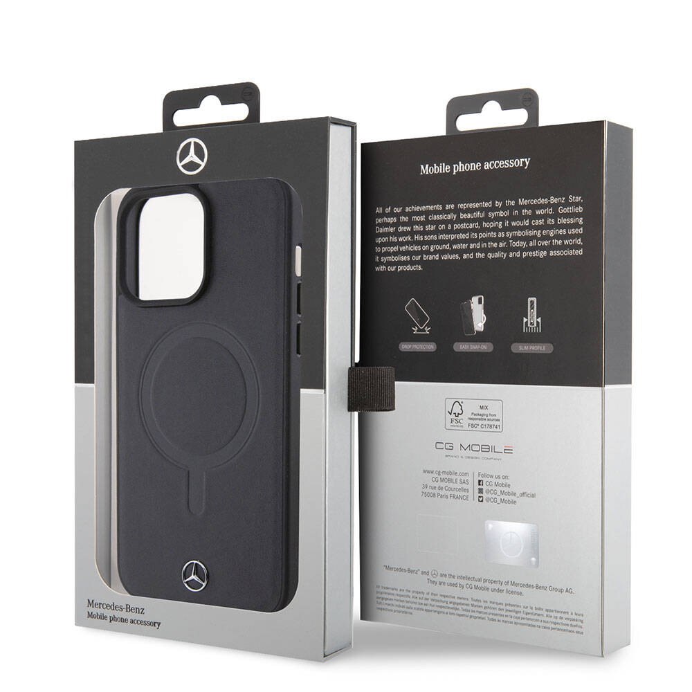 Mercedes Benz iPhone 15 Pro Max Orjinal Lisanslı M-safe Şarj Özellikli Metal Yıldız Logolu Pürüzsüz Deri Kılıf