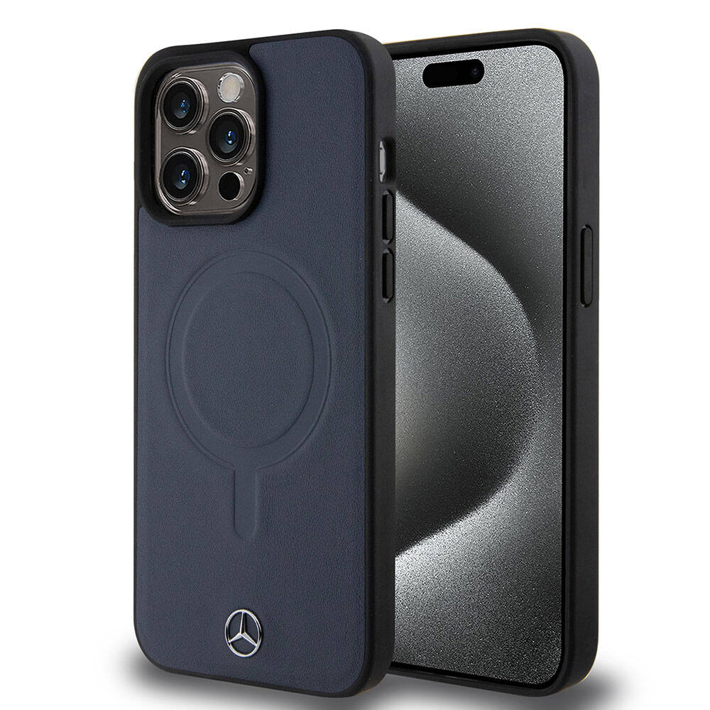 Mercedes Benz iPhone 15 Pro Max Orjinal Lisanslı M-safe Şarj Özellikli Metal Yıldız Logolu Pürüzsüz Deri Kılıf