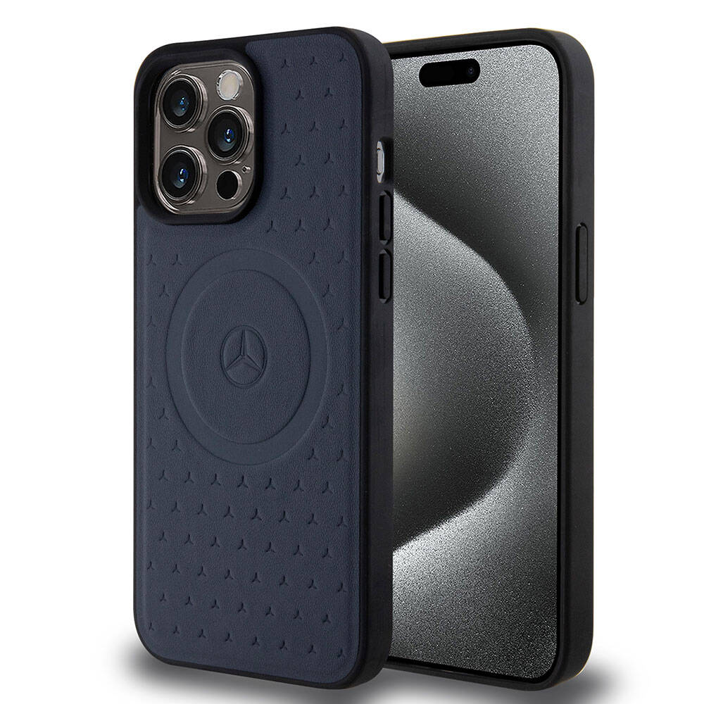 Mercedes Benz iPhone 15 Pro Max Orjinal Lisanslı M-safe Şarj Özellikli Mühürlü Yıldız Desenli ve Logolu Deri Kılıf