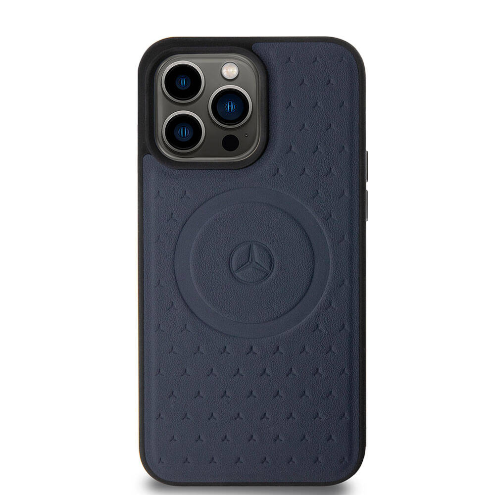 Mercedes Benz iPhone 15 Pro Max Orjinal Lisanslı M-safe Şarj Özellikli Mühürlü Yıldız Desenli ve Logolu Deri Kılıf