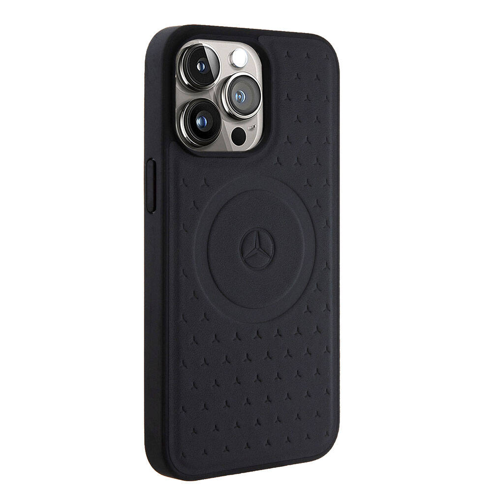 Mercedes Benz iPhone 15 Pro Max Orjinal Lisanslı M-safe Şarj Özellikli Mühürlü Yıldız Desenli ve Logolu Deri Kılıf