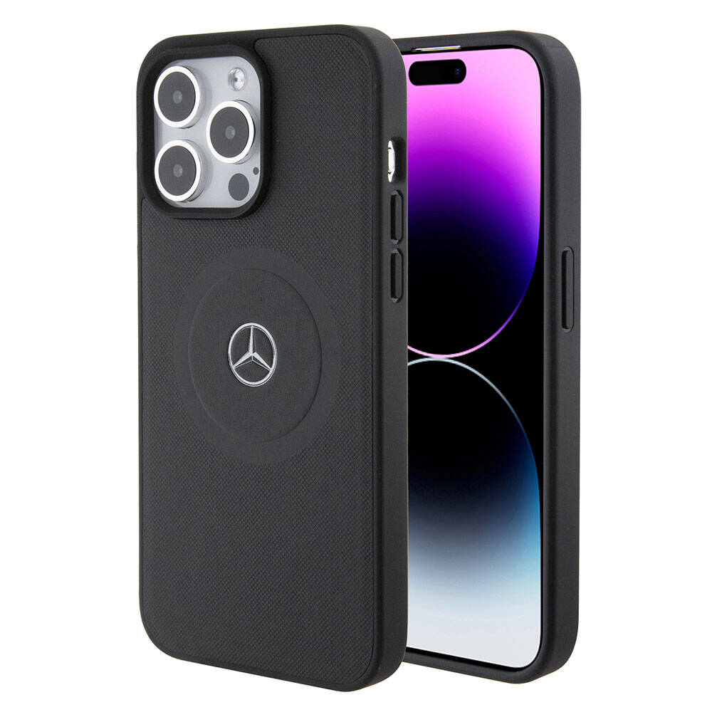 Mercedes Benz iPhone 15 Pro Max Orjinal Lisanslı M-safe Şarj Özellikli Pike Desenli Baskı Logolu Deri Kılıf