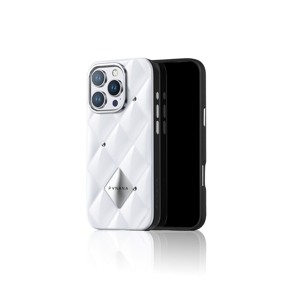 Pynana Metal Diamond Serisi iPhone 15 Pro Max Kılıf Parlak Arka Yüzeyli Kabartma Tasarımlı Kapitone Kılıf