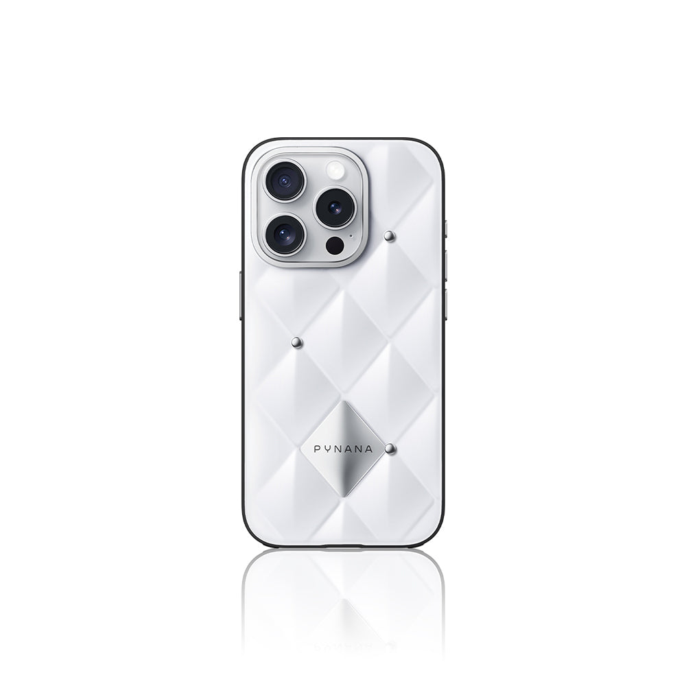 Pynana Metal Diamond Serisi iPhone 15 Pro Max Kılıf Parlak Arka Yüzeyli Kabartma Tasarımlı Kapitone Kılıf