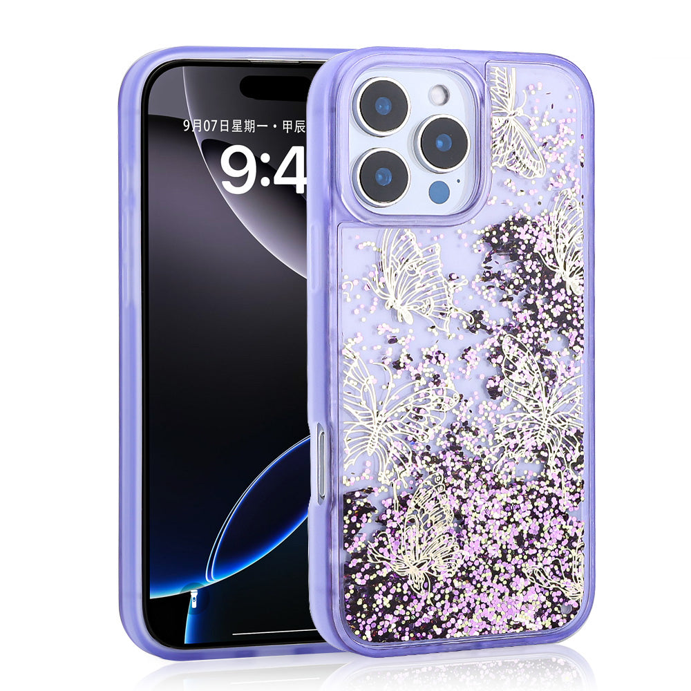 Cepax iPhone 15 Pro Max Sıvılı Simli Kelebek Baskılı Şeffaf Arka Yüzey Glis Silikon Kılıf