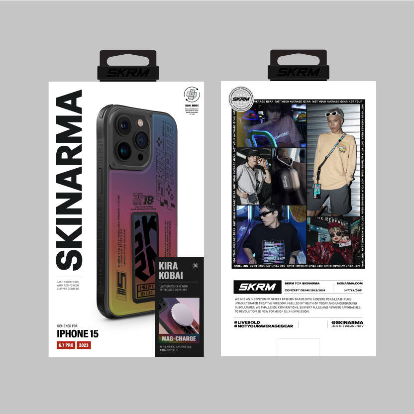 SkinArma iPhone 15 Pro Max Holografik Tasarımlı Standlı Deri Görünümlü Kira Kobai Kılıf