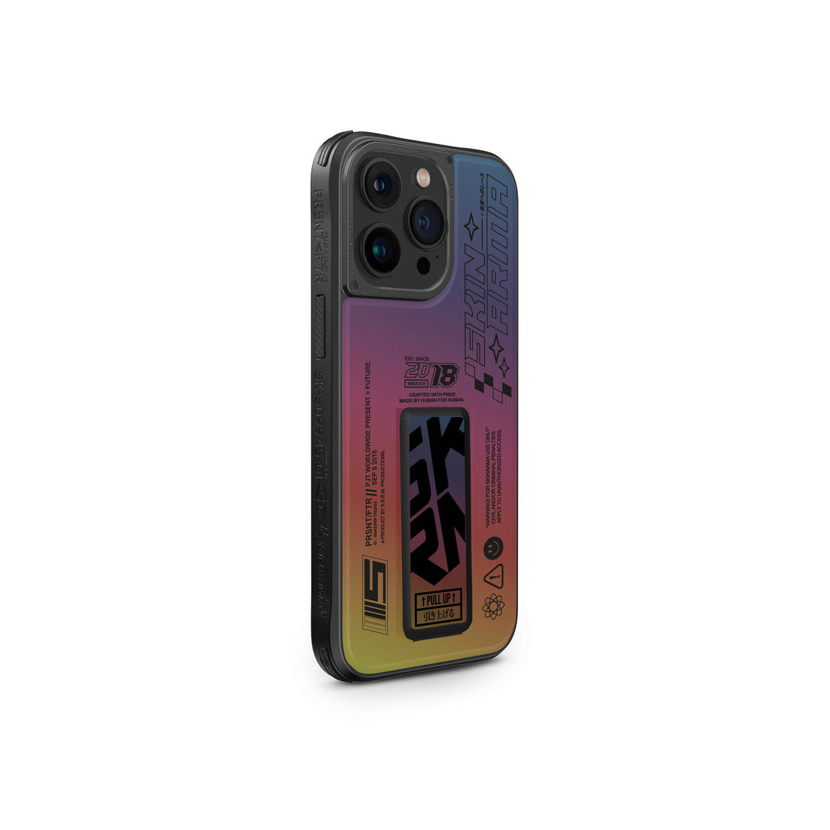 SkinArma iPhone 15 Pro Max Holografik Tasarımlı Standlı Deri Görünümlü Kira Kobai Kılıf