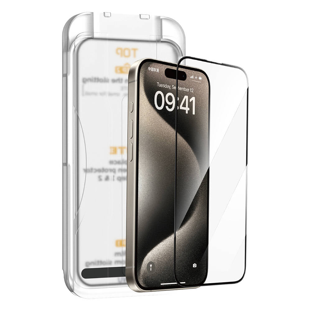 Wiwu SQ-008 iPhone 15 Pro Max Oleofobik Easy Install Darbeye Karşı Dayanıklı Temperli Cam Ekran Koruyucu + Kolay Uygulama Aparatlı