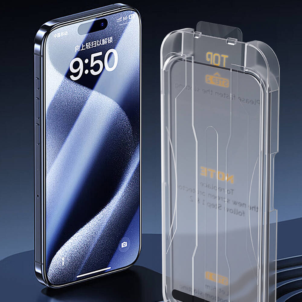 Wiwu SQ-008 iPhone 15 Pro Oleofobik Easy Install Darbeye Karşı Dayanıklı Temperli Cam Ekran Koruyucu + Kolay Uygulama Aparatlı