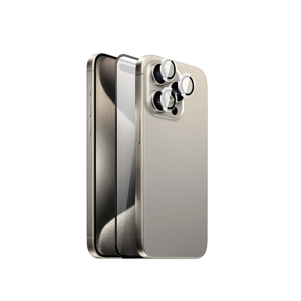 Wiwu Wi-IP002 iPhone 15 Pro 2in1 Temperli Cam Ahize Toz Önleyici Ekran Koruyucu ve Kamera Lens Koruyucu Set