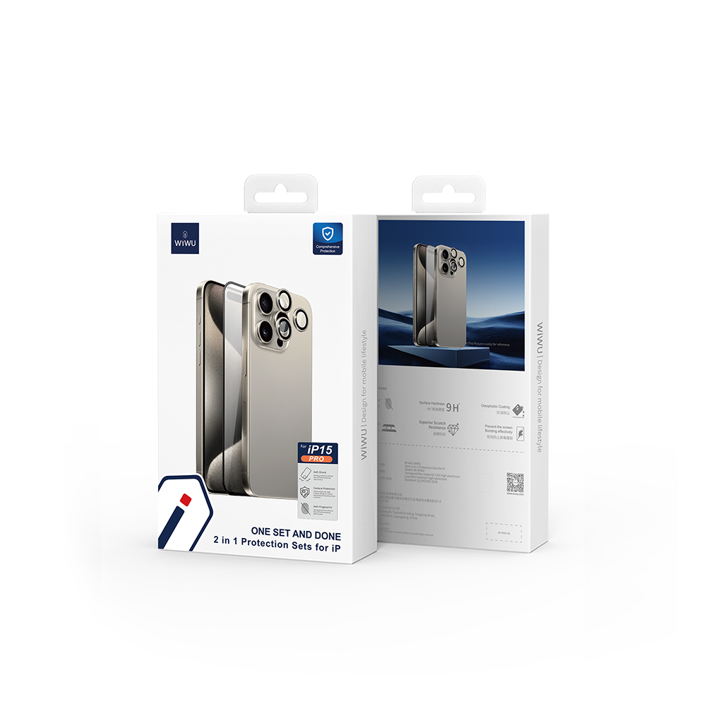 Wiwu Wi-IP002 iPhone 15 2in1 Temperli Cam Ahize Toz Önleyici Ekran Koruyucu ve Kamera Lens Koruyucu Set