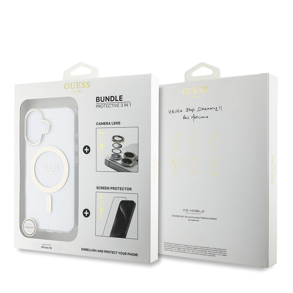 Guess iPhone 16 Orjinal Lisanslı 3'lü Aksesuar Seti IML Baskılı Simli Glitter Kılıf + Ekran Koruyucu + Lens Koruyucu