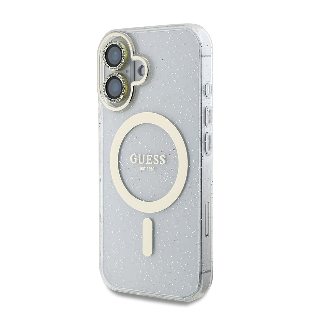 Guess iPhone 16 Orjinal Lisanslı 3'lü Aksesuar Seti IML Baskılı Simli Glitter Kılıf + Ekran Koruyucu + Lens Koruyucu