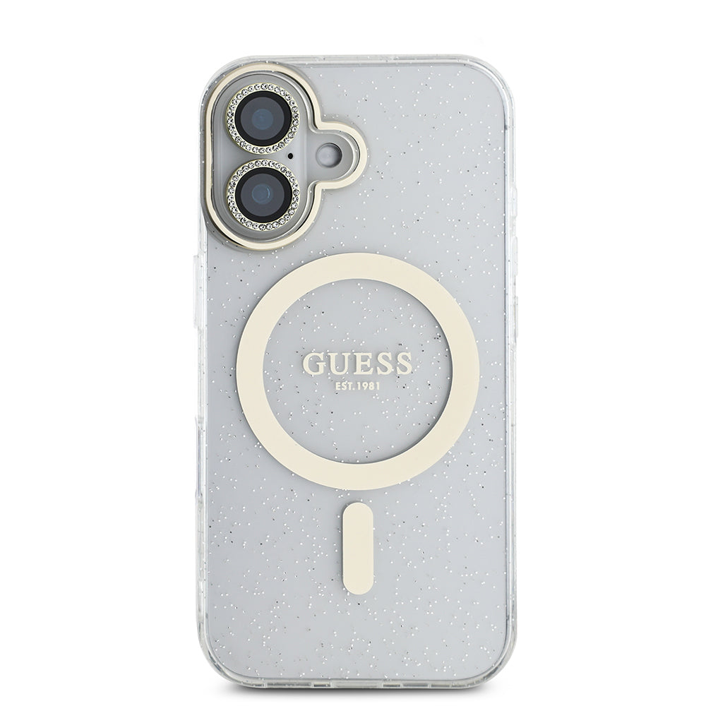 Guess iPhone 16 Orjinal Lisanslı 3'lü Aksesuar Seti IML Baskılı Simli Glitter Kılıf + Ekran Koruyucu + Lens Koruyucu